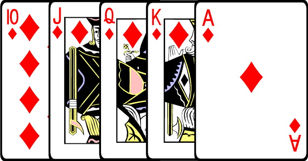 The lowest hand is just a high card, and the top hand you can get is a Royal